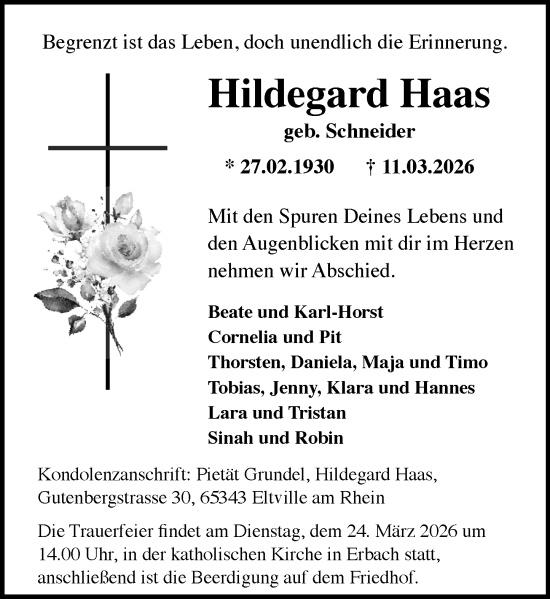 Traueranzeige von Hildegard Haas von Wiesbadener Kurier