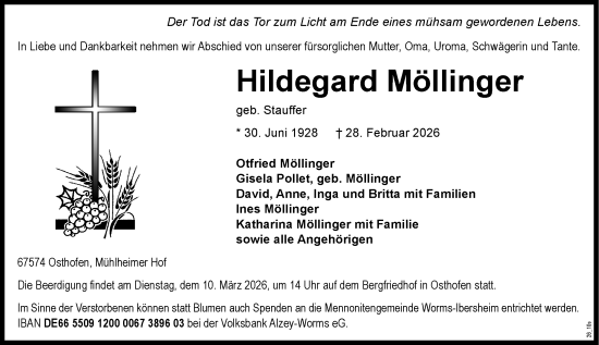 Traueranzeige von Hildegard Möllinger von Wormser Zeitung