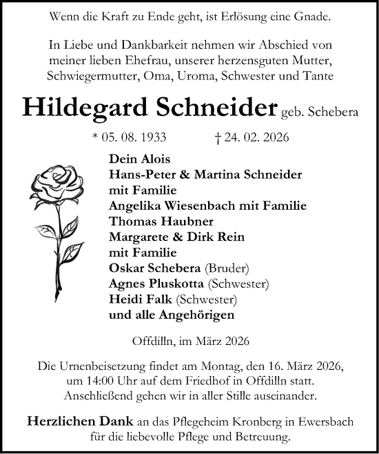 Traueranzeige von Hildegard Schneider von Dill Block