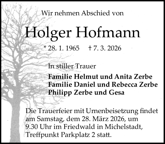 Traueranzeige von Holger Hofmann von Odenwälder Echo