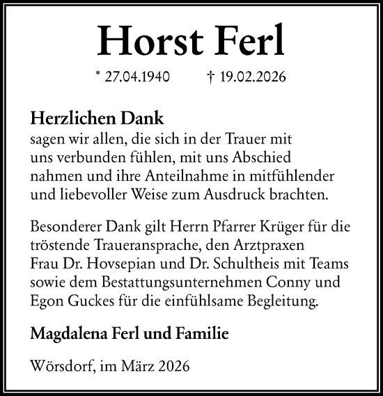 Traueranzeige von Horst Ferl von Rheingau-Taunus-Kreis Wochenblatt