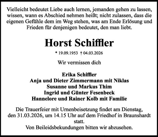 Traueranzeige von Horst Schiffler von Darmstädter Echo