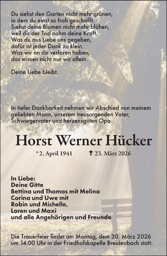 Traueranzeige von Horst Werner Hücker von Hinterländer Anzeiger