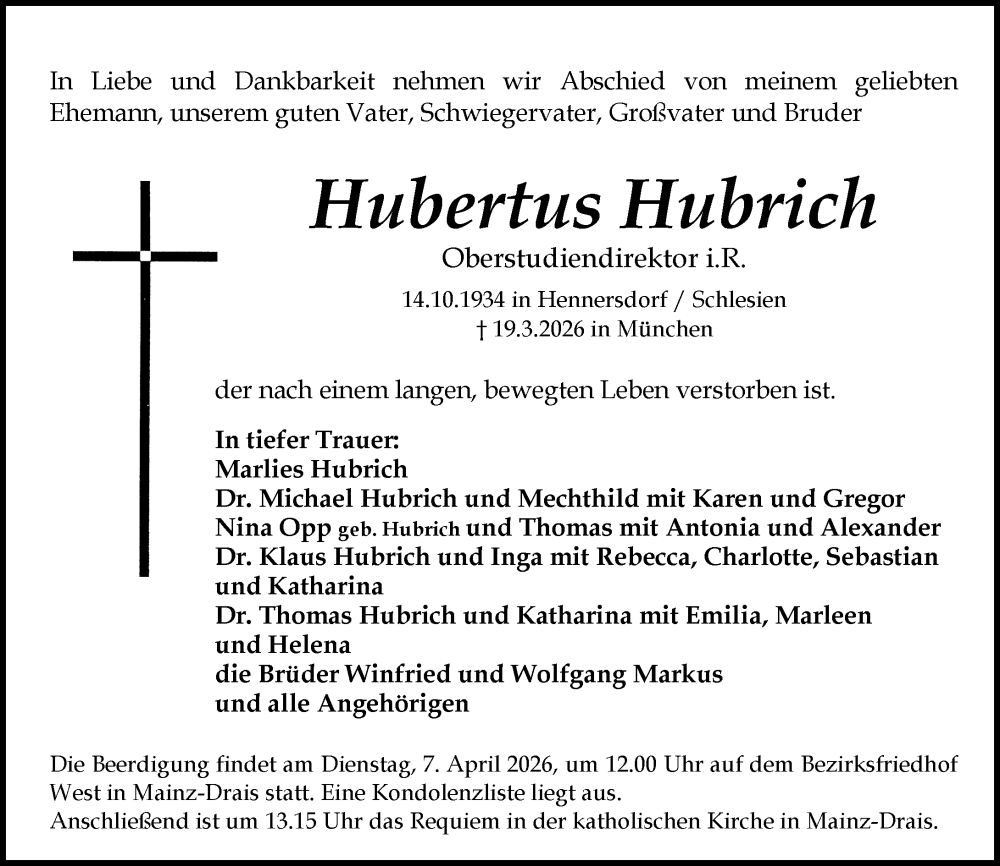  Traueranzeige für Hubertus Hubrich vom 28.03.2026 aus Allgemeine Zeitung Mainz
