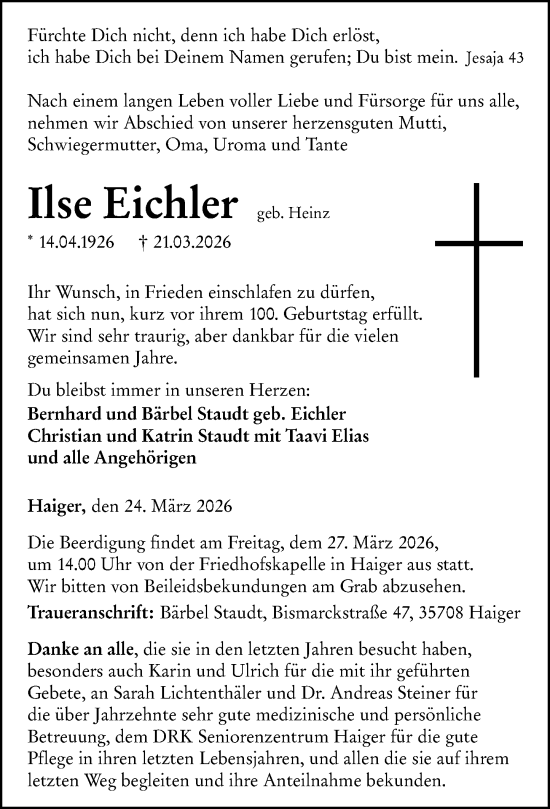 Traueranzeige von Ilse Eichler von Dill Block