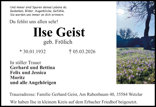Traueranzeige von Ilse Geist von Odenwälder Echo