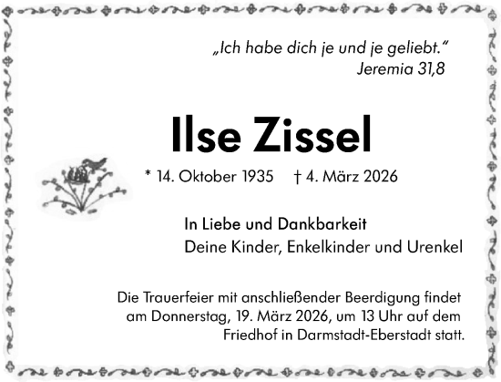 Traueranzeige von Ilse Zissel von Darmstädter Echo