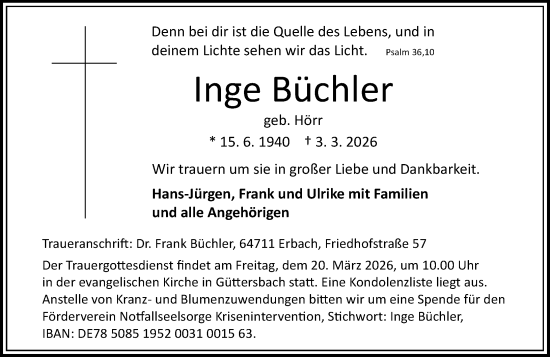 Traueranzeige von Inge Büchler von Odenwälder Echo