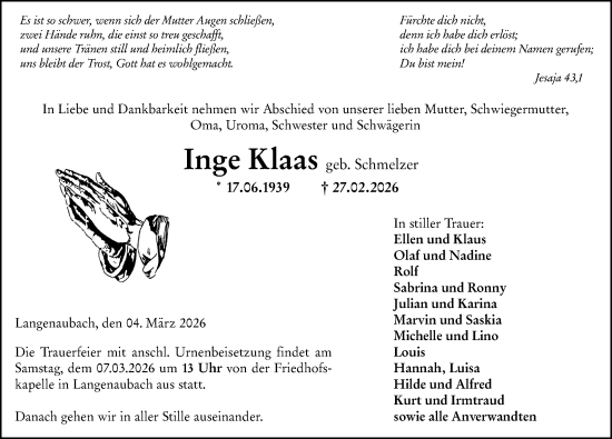 Traueranzeige von Inge Klaas von Dill Block