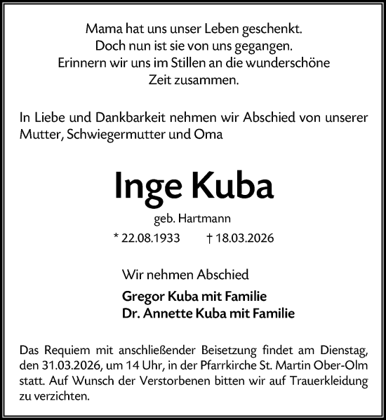 Traueranzeige von Inge Kuba von Allgemeine Zeitung Mainz