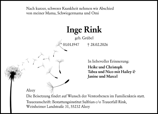 Traueranzeige von Inge Rink von Allgemeine Zeitung Alzey