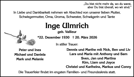 Traueranzeige von Inge Ulmrich von Wiesbadener Kurier