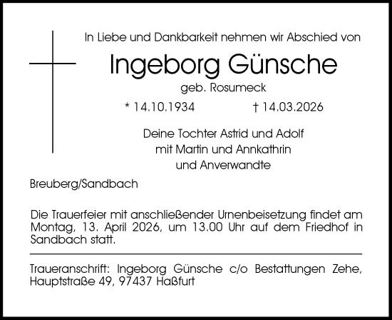 Traueranzeige von Ingeborg Günsche von Odenwälder Echo