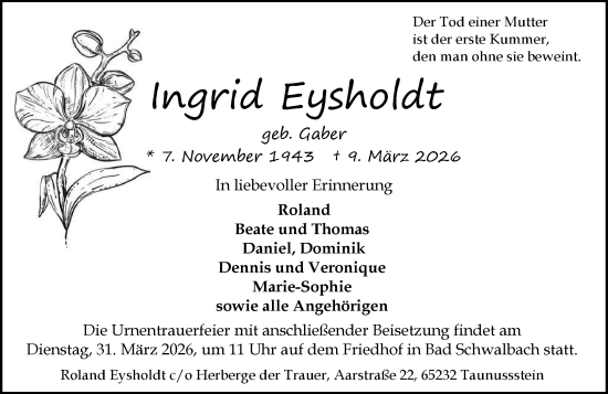 Traueranzeige von Ingrid Eysholdt von Idsteiner Land/Untertaunus
