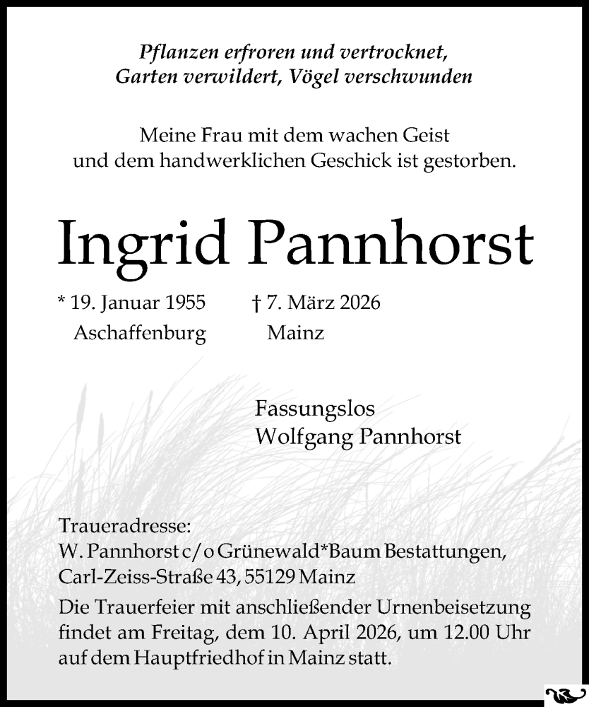  Traueranzeige für Ingrid Pannhorst vom 28.03.2026 aus Allgemeine Zeitung Rheinhessen-Nahe