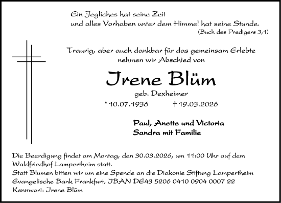 Traueranzeige von Irene Blüm von Starkenburger Echo