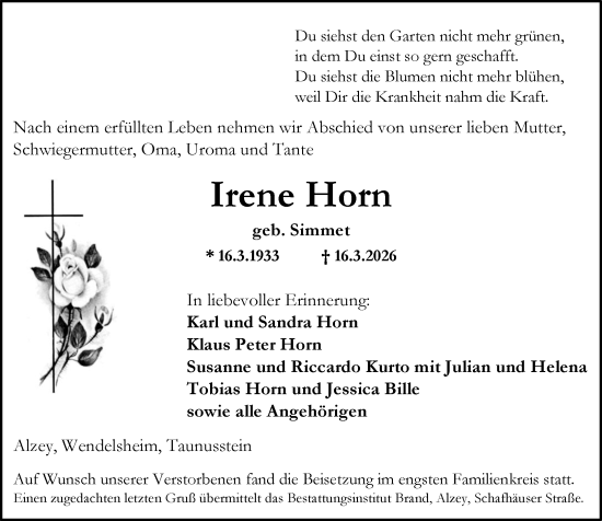 Traueranzeige von Irene Horn von Allgemeine Zeitung Alzey