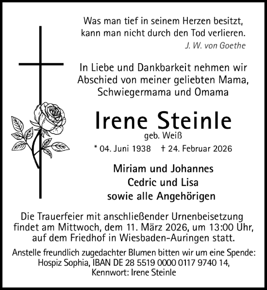 Traueranzeige von Irene Steinle von Wiesbadener Kurier
