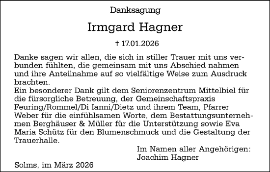 Traueranzeige von Irmgard Hagner von Wetzlarer Neue Zeitung