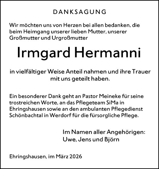 Traueranzeige von Irmgard Hermanni von Wetzlarer Neue Zeitung