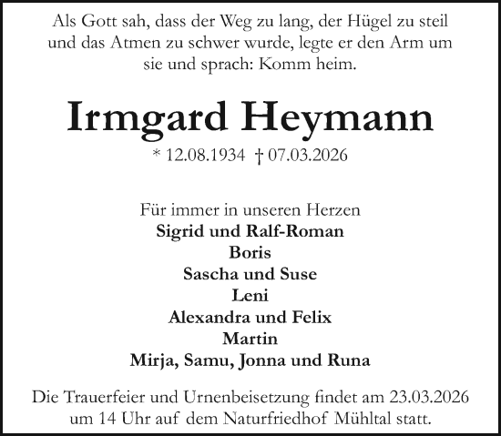 Traueranzeige von Irmgard Heymann von Darmstädter Echo