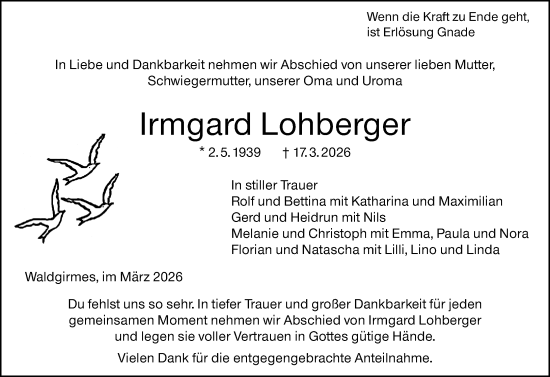 Traueranzeige von Irmgard Lohberger von Wetzlarer Neue Zeitung