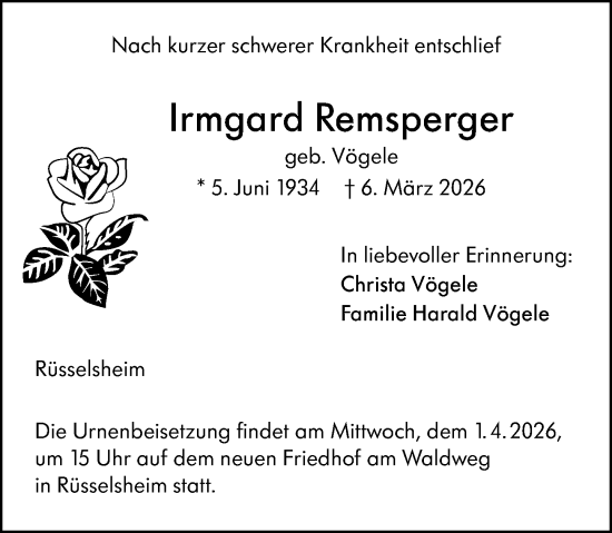 Traueranzeige von Irmgard Remsperger von Rüsselsheimer Echo