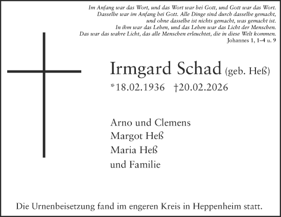 Traueranzeige von Irmgard Schad von Starkenburger Echo