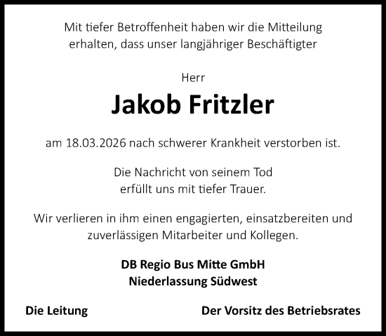 Traueranzeige von Jakob Fritzler von Allgemeine Zeitung Alzey