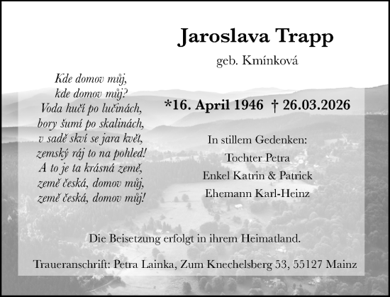 Traueranzeige von Jaroslava Trapp von Allgemeine Zeitung Mainz