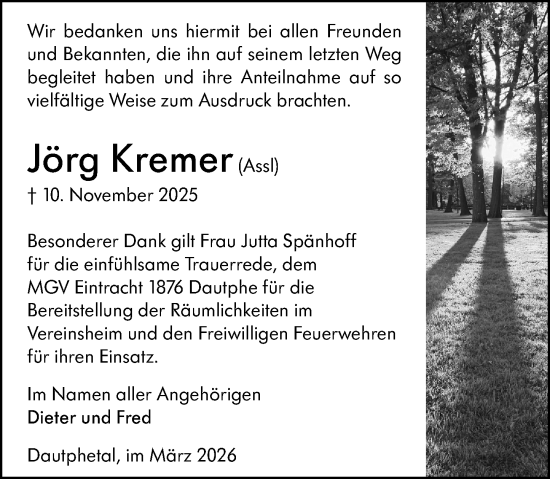 Traueranzeige von Jörg Kremer von Hinterländer Anzeiger