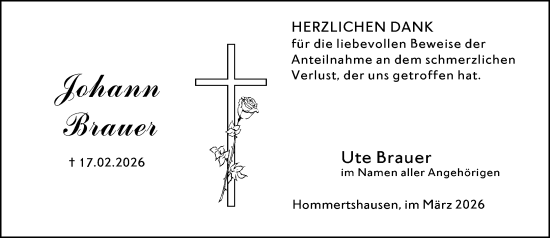 Traueranzeige von Johann Brauer von Hinterländer Anzeiger