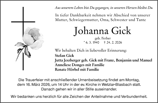 Traueranzeige von Johanna Gick von Wetzlarer Neue Zeitung