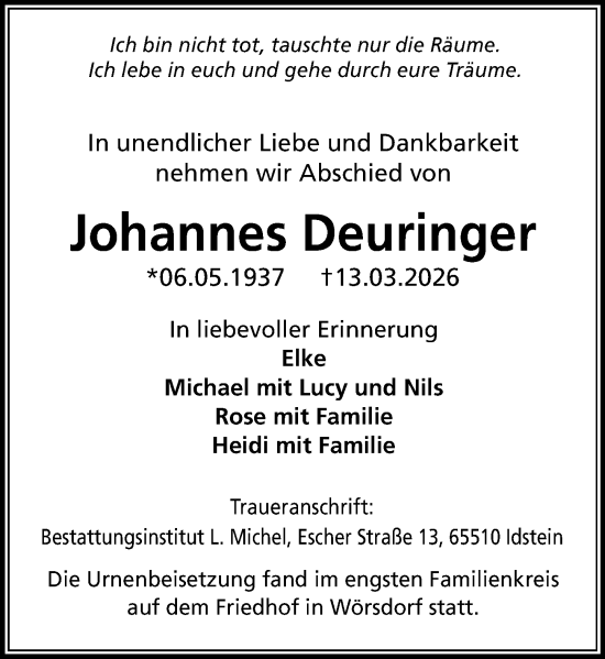Traueranzeige von Johannes Deuringer von Idsteiner Land/Untertaunus