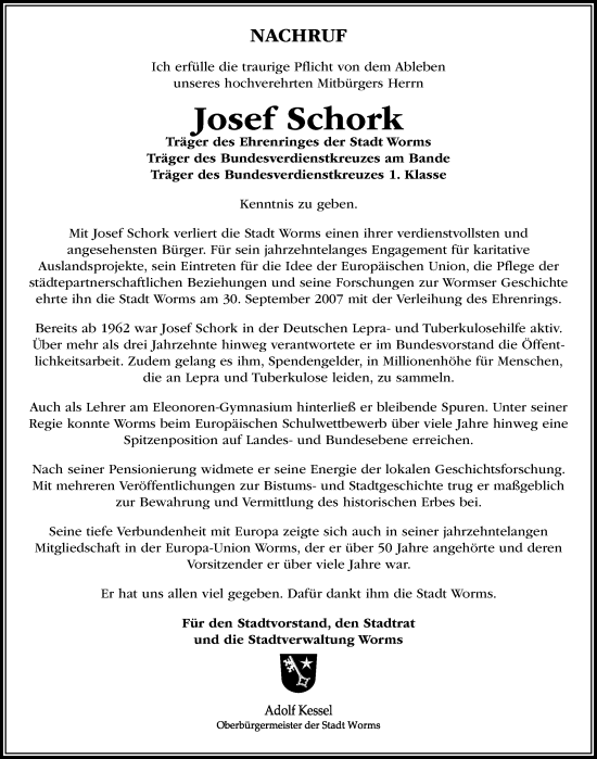 Traueranzeige von Josef Schork von Wormser Zeitung