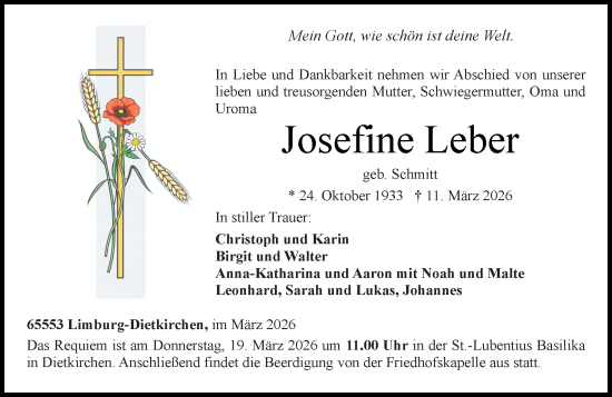 Traueranzeige von Josefine Leber von Nassauische Neue Presse