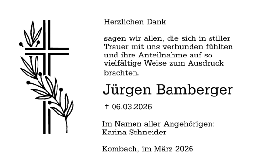 Traueranzeige von Jürgen Bamberger von Hinterländer Anzeiger