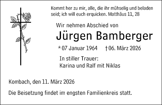 Traueranzeige von Jürgen Bamberger von Hinterländer Anzeiger