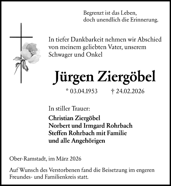 Traueranzeige von Jürgen Ziergöbel von Darmstädter Echo
