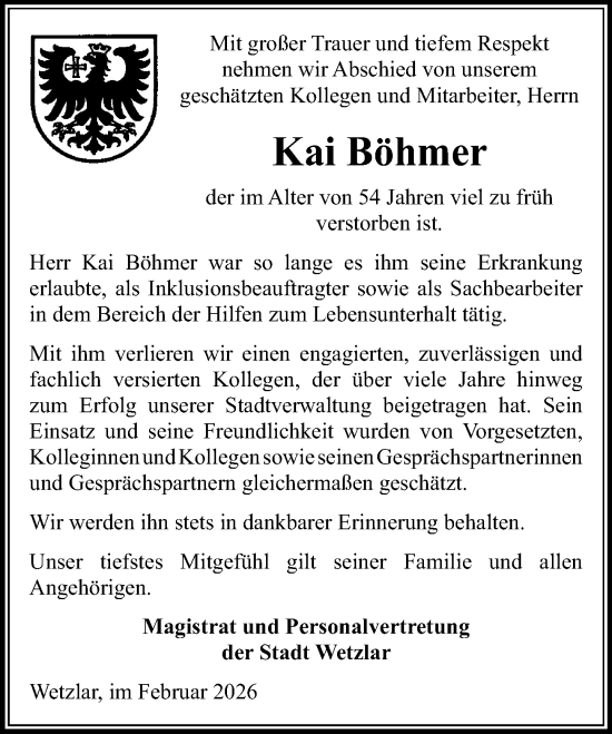 Traueranzeige von Kai Böhmer von Wetzlarer Neue Zeitung