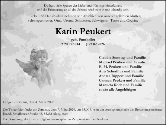 Traueranzeige von Karin Peukert von Allgemeine Zeitung Rheinhessen-Nahe