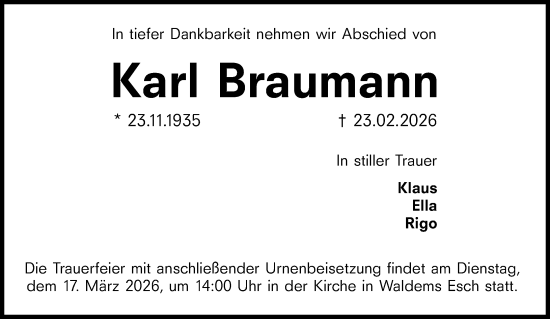 Traueranzeige von Karl Braumann von Camberger Anzeiger