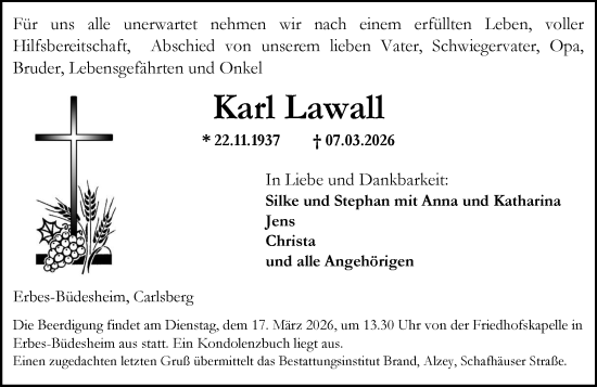 Traueranzeige von Karl Lawall von Allgemeine Zeitung Alzey