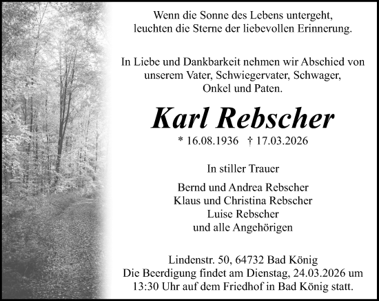 Traueranzeige von Karl Rebscher von Odenwälder Echo