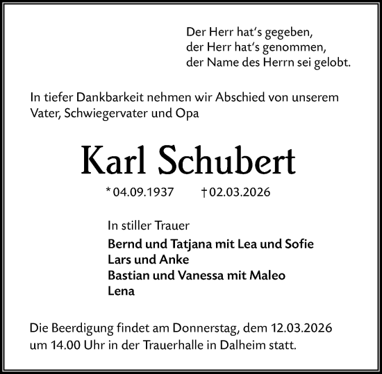 Traueranzeige von Karl Schubert von Allgemeine Zeitung Mainz
