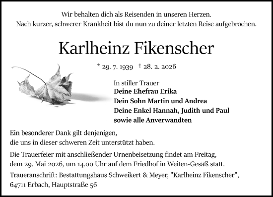 Traueranzeige von Karlheinz Fikenscher von Odenwälder Echo