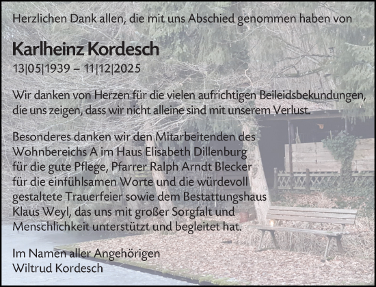 Traueranzeige von Karlheinz Kordesch von Dill Block