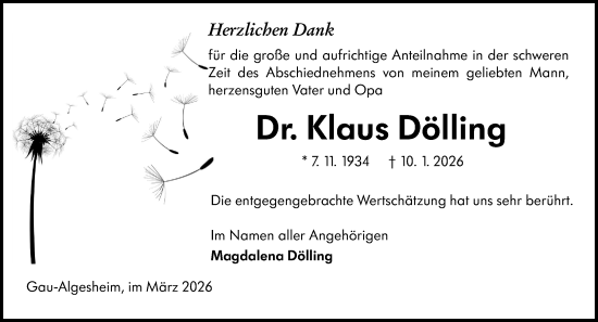 Traueranzeige von Klaus Dölling von Allgemeine Zeitung Rheinhessen-Nahe