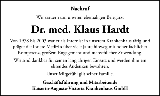 Traueranzeige von Klaus Hardt von Wetzlarer Neue Zeitung