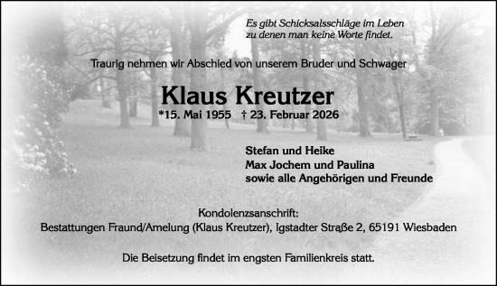 Traueranzeige von Klaus Kreutzer von Wiesbadener Kurier